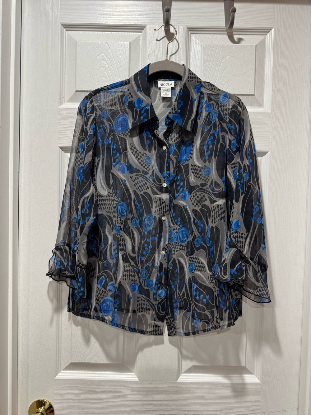 NICOLA Black Sheer Button-Down Blouse with Blue Floral Print